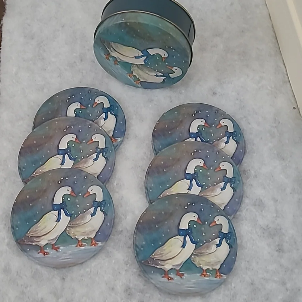 Winter geese coasters, Set Of 6, Vintage, J.S.N.Y. with a matching storage tin